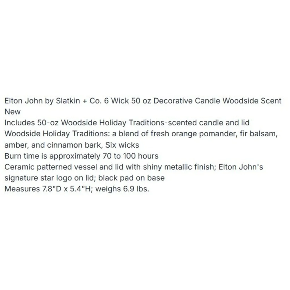 Elton John Slatkin & Co Woodside 6 Wick 50oz Gold‎ Ceramic Candle Holiday New